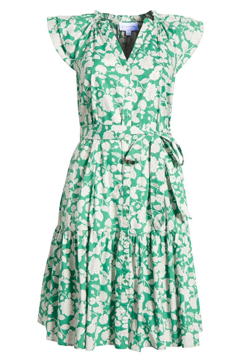 Baxley Floral Flutter Sleeve Cotton Dress, Alternate, color, GREEN-GREY