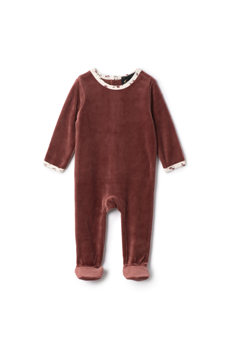 Seal Girl Floral Collar Back Snap Velour Romper, Main, color, Brick