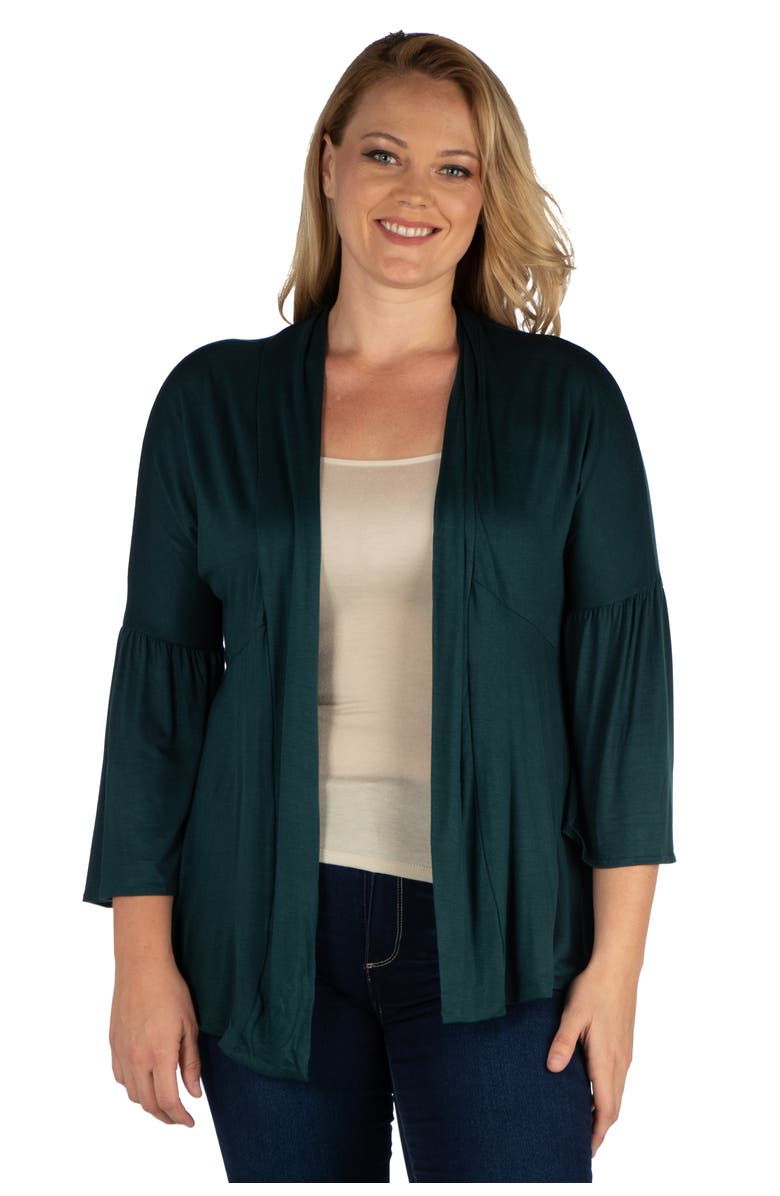 24seven Comfort Apparel Plus Size Bell Sleeve Flared Open Front Cardigan, Main, color, Hunter