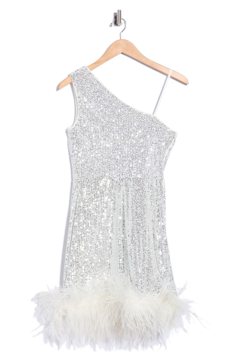 One-Shoulder Sequin Sheath Dress with Faux-Feather Hem, Alternate, color, IVY