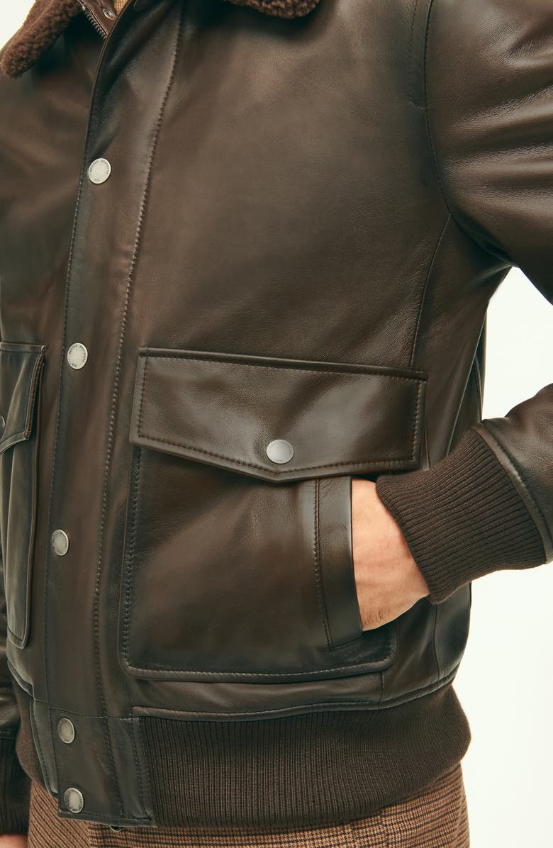 Brooks Brothers Leather Flight Jacket with Genuine Shearling Collar, Alternate, color,