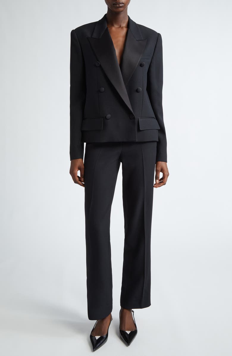 Michael Kors Collection Satin Trim Double Breasted Crepe Blazer, Alternate, color, 