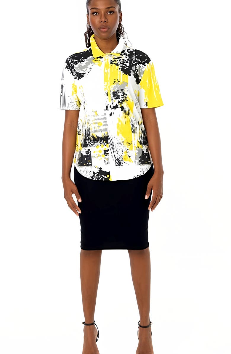 Dai Moda Clark Unity Abstract Print Short Sleeve Button-Up Shirt, Alternate, color, Yellow