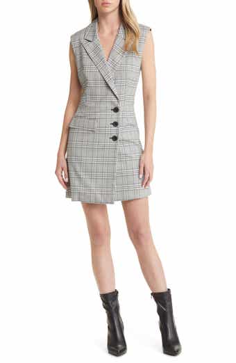 Open Edit Plaid Side Button Blazer Dress