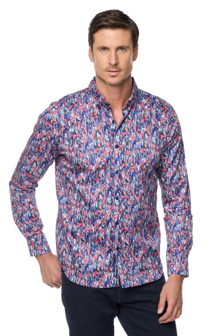 Brighton Tailored Fit Leaf Print Cotton Button-Up Shirt, Alternate, color, BLUE MULTI