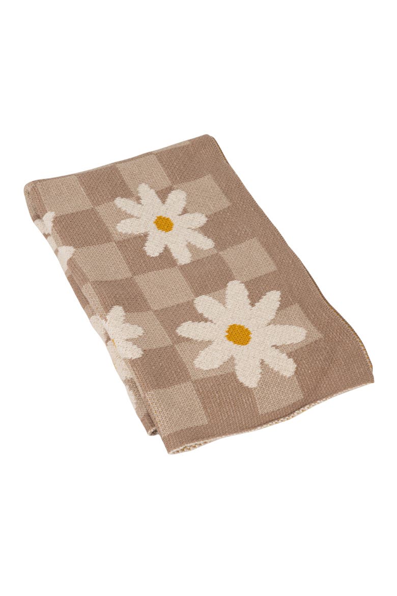 Cotton Knit Baby Blanket with Daisies and Check Pattern, Multicolor, Main, color, Tan