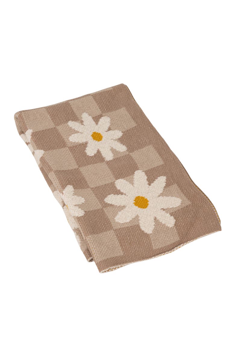 Storied Home Cotton Knit Baby Blanket with Daisies and Check Pattern, Multicolor, Main, color, Tan