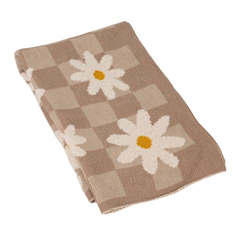 Cotton Knit Baby Blanket with Daisies and Check Pattern, Multicolor