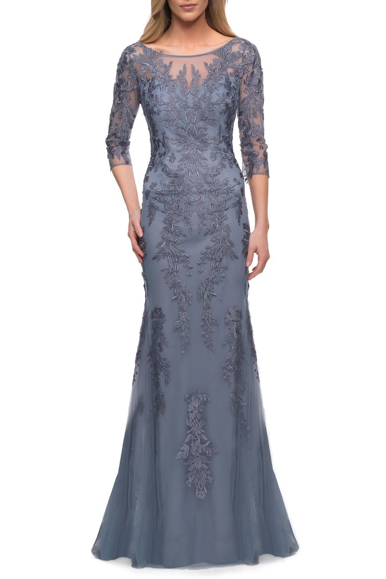 Gorgeous Lace Sheath Gown, Main, color, SLATE