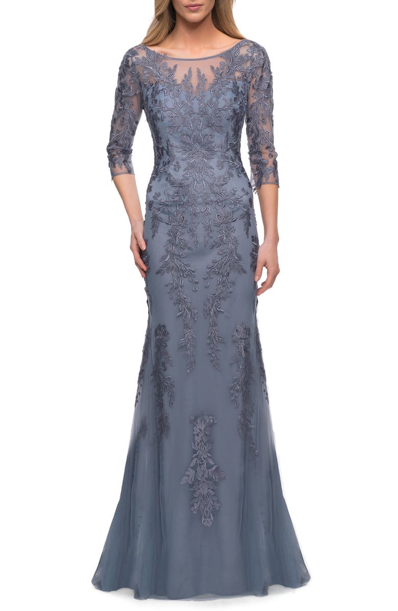 La Femme Gorgeous Lace Sheath Gown, Main, color, Slate