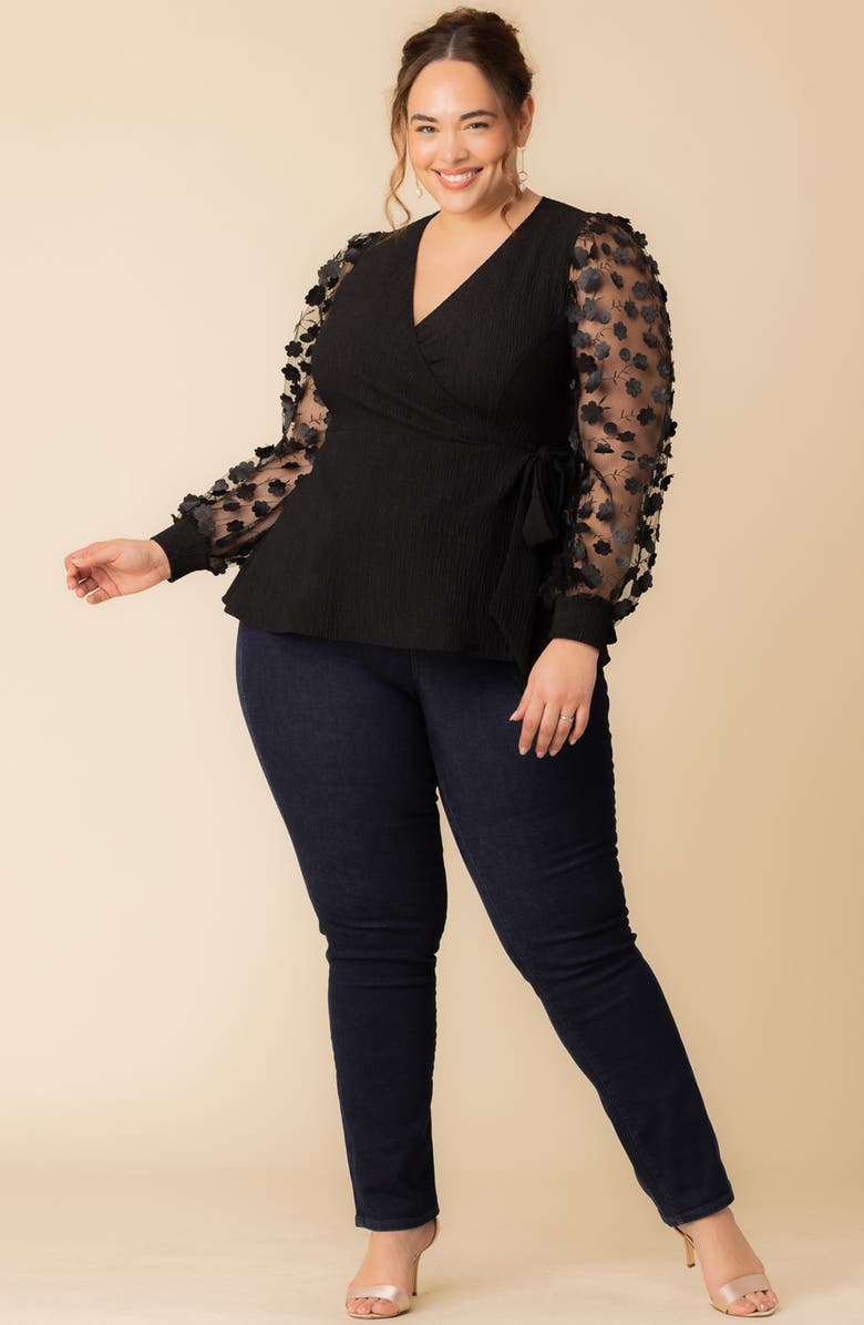 Kiyonna Scattered Petals 3D Sleeve Peplum Wrap Top, Alternate, color, Onyx Blossoms
