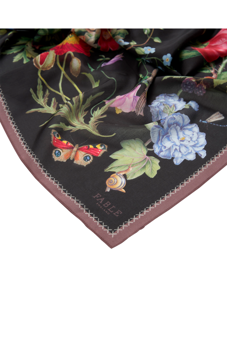 Black Fruity Floral Narrative Square Scarf, Alternate, color, Black