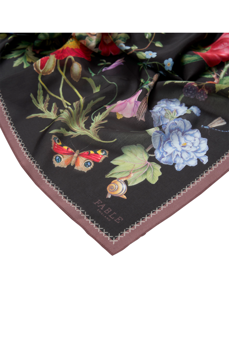 Fable England Black Fruity Floral Narrative Square Scarf, Alternate, color, Black