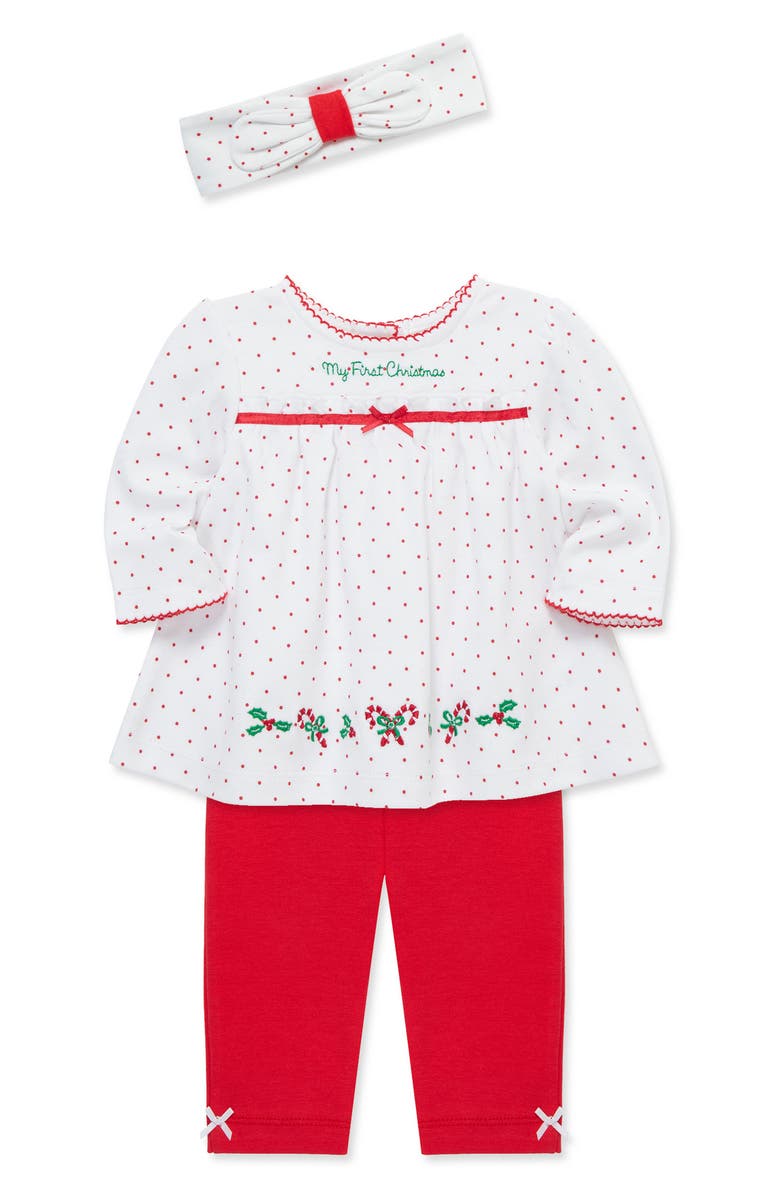 Little Me Holly Holiday Tunic, Leggings and Headband Set, Alternate, color, White/ Red