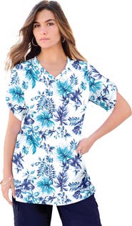 Roaman's Plus Size Slub V Neck Boyfriend Tunic Top