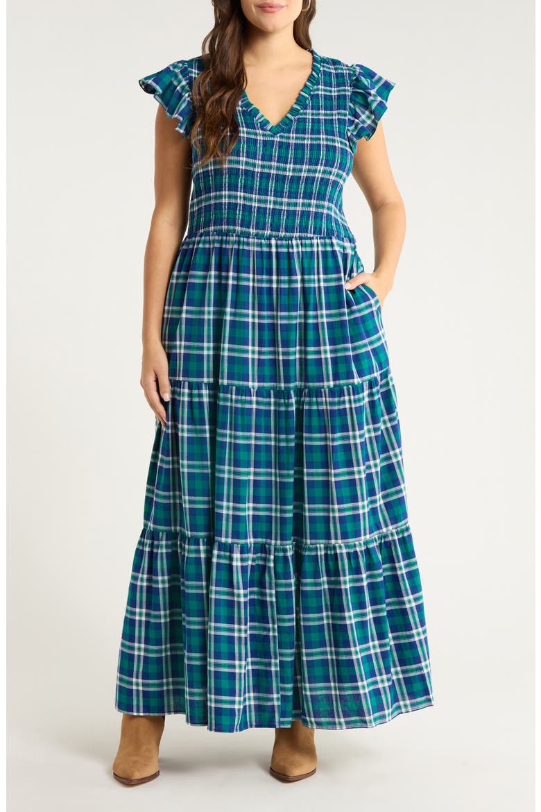Buckley Plaid Sunfire Smocked Cotton Tiered Maxi Dress, Main, color, NAVY-GREEN