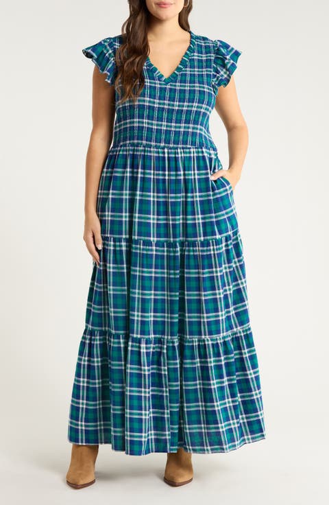 Buckley Plaid Sunfire Smocked Cotton Tiered Maxi Dress (Plus)