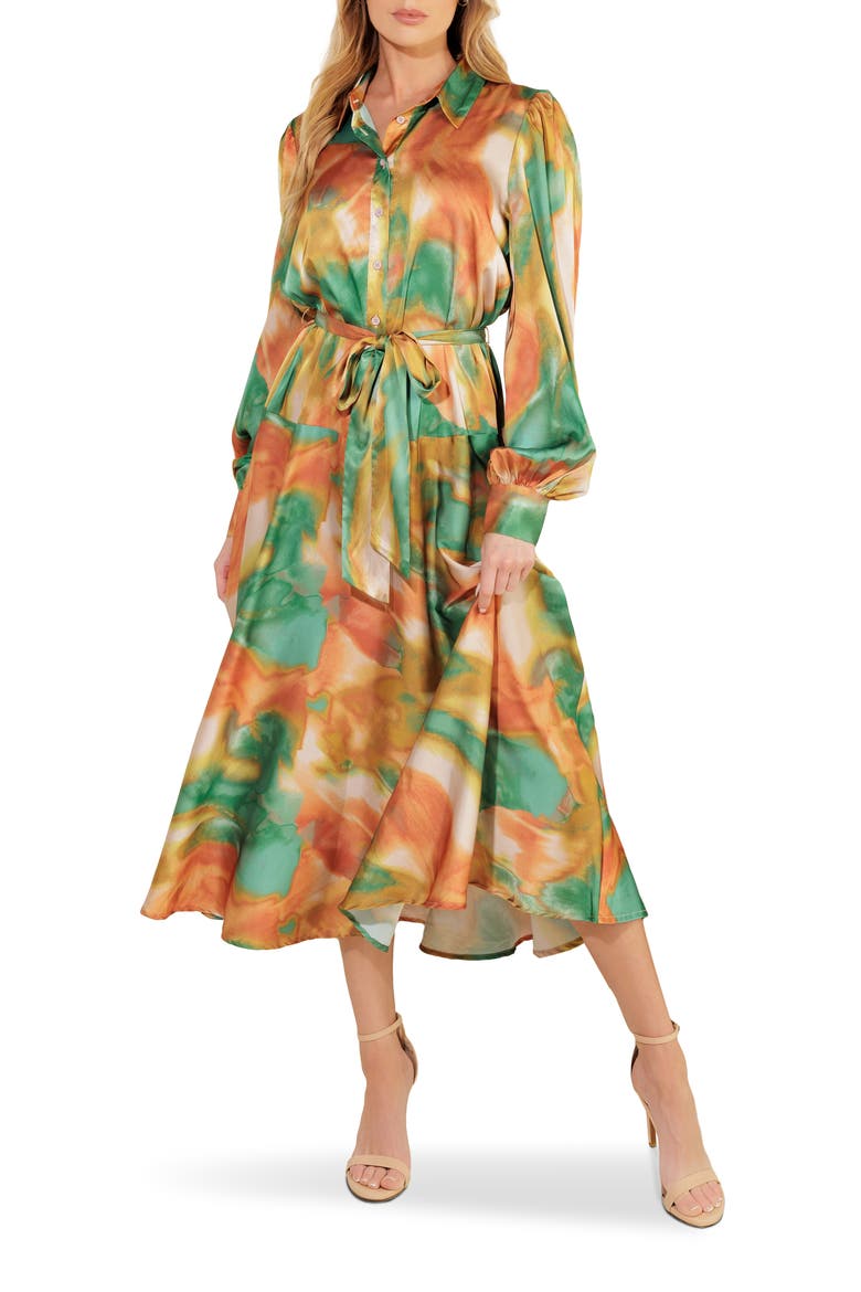 Wanna Be Loved Long Sleeve Tie Waist Shirtdress, Main, color, GREEN BROWN
