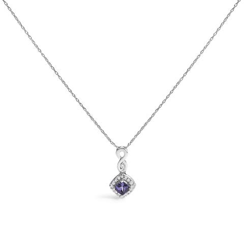 10K White Gold Blue Purple Tanzanite and Diamond Accent Drop Pendant Necklace