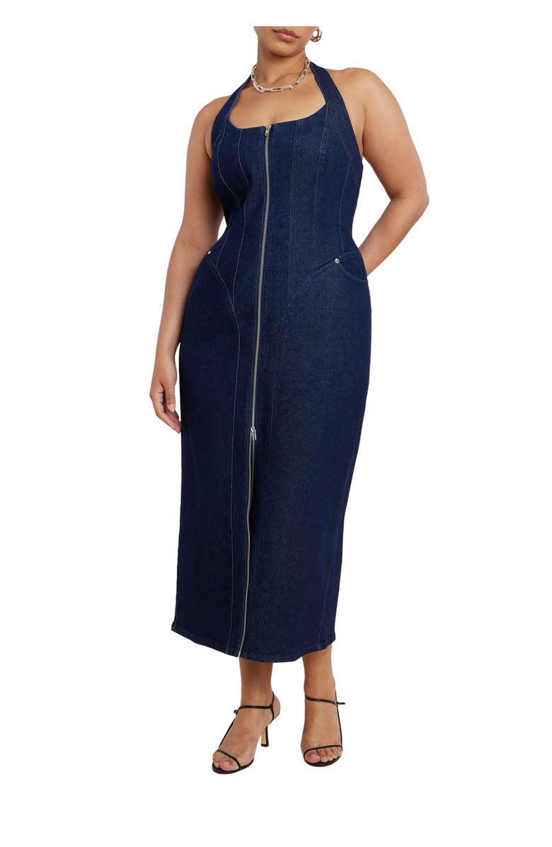 ELOQUII Denim Corset Dress, Main, color, Dark Wash