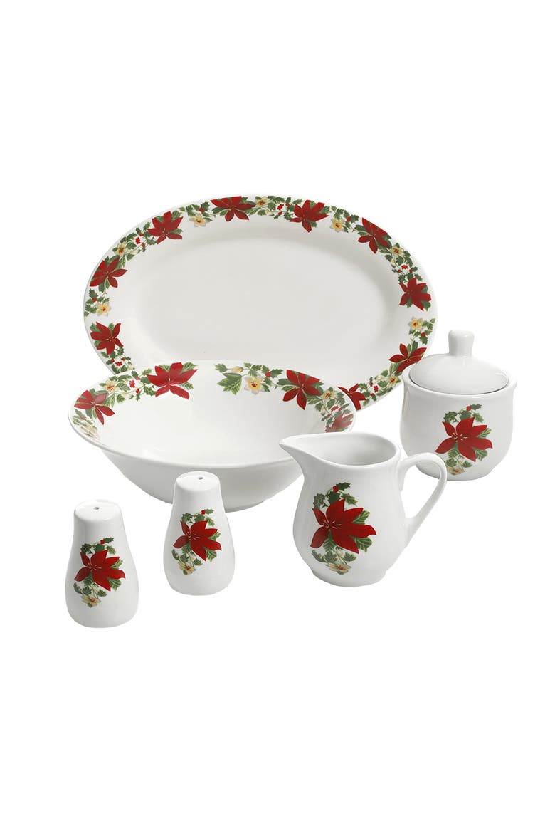 Perfect for Holidays Poinsettia 7 Piece Porcelain Serving Set, Main, color, Red