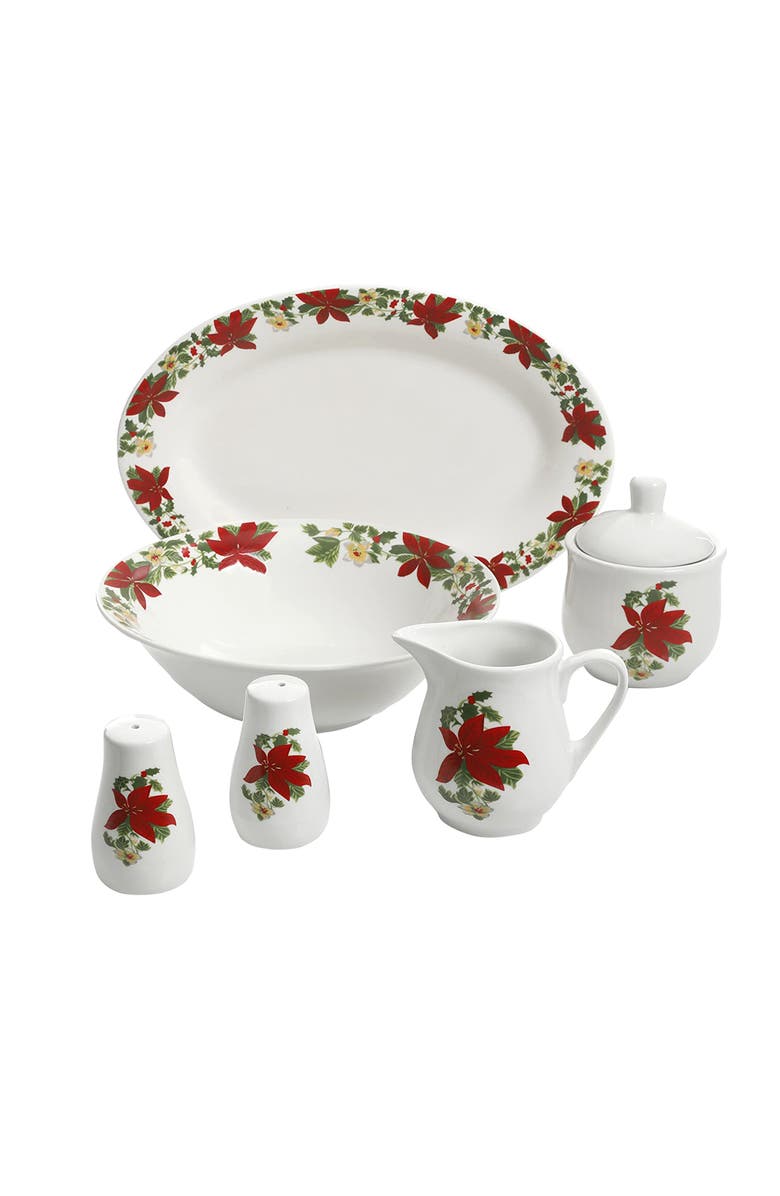 Gibson Home Perfect for Holidays Poinsettia 7 Piece Porcelain Serving Set, Main, color, Red