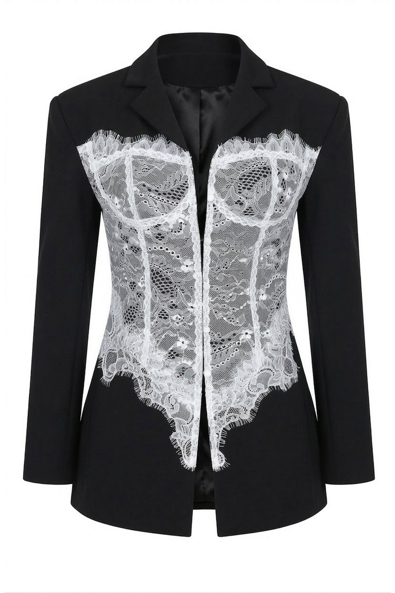 Lace Corset Detail Blazer, Alternate, color, Black / White
