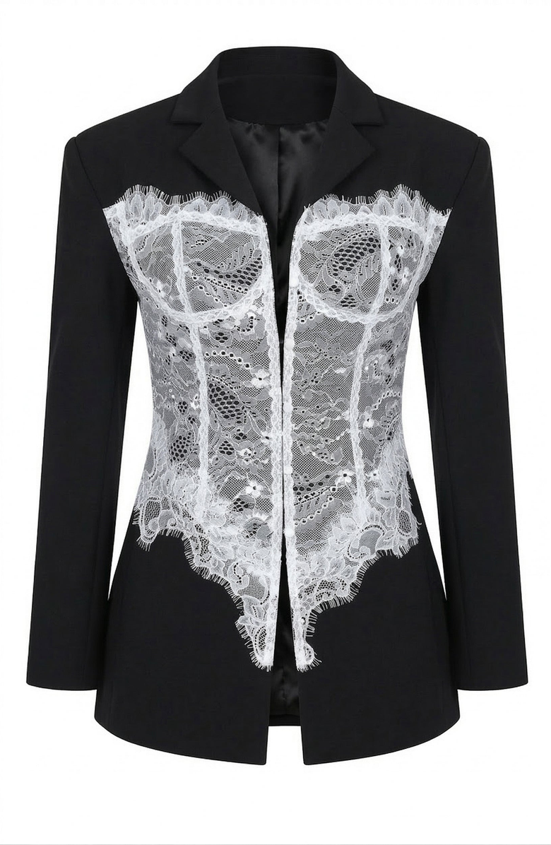 Modenaire Lace Corset Detail Blazer, Alternate, color, Black / White