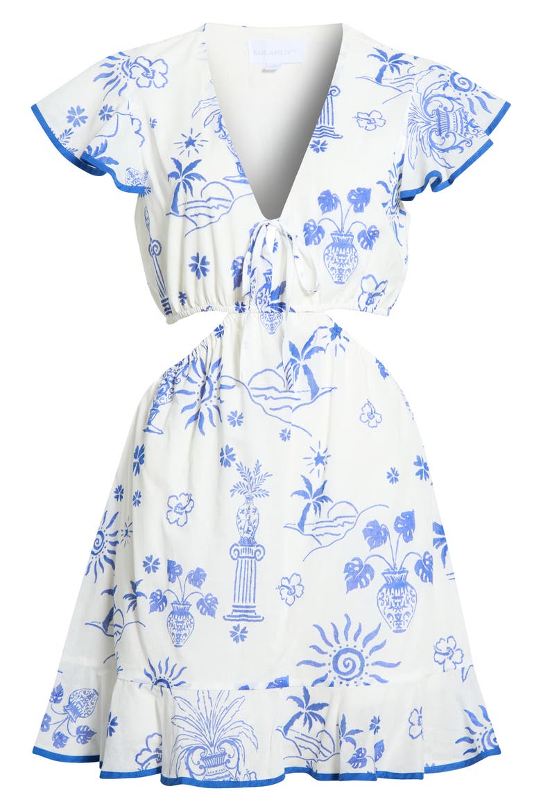 Alvina Tropical Print Cutout Detail Cotton Minidress, Alternate, color, BLUE-WHITE