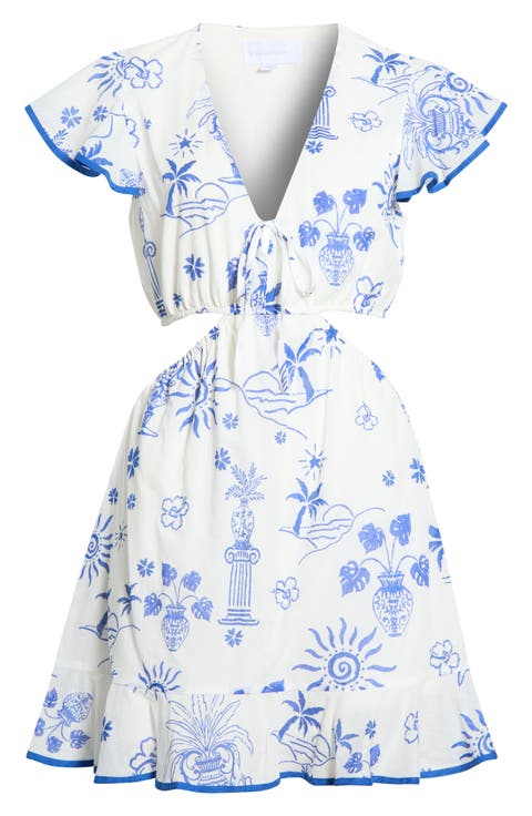 Alvina Tropical Print Cutout Detail Cotton Minidress