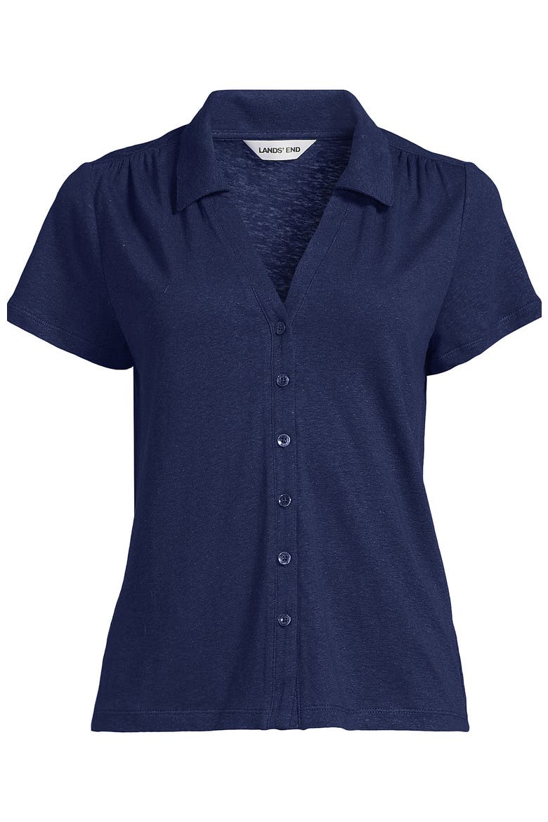 Linen Blend Short Sleeve Button Front Polo Top, Alternate, color, Deep Sea Navy