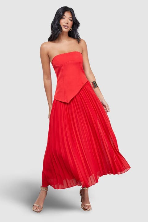 Bandeau Bodice Pleated Midi Dress