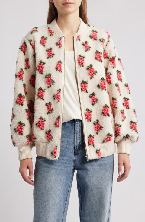Floral Zip Front High Pile Fleece Bomber Jacket