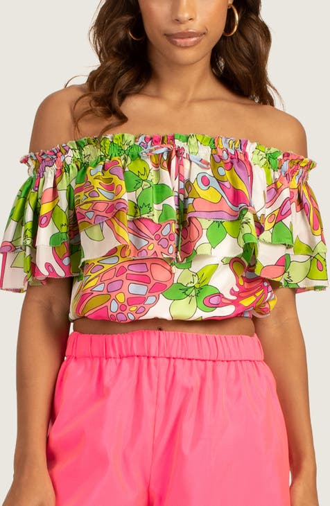 Solange Print Ruffle Off the Shoulder Silk Crop Top