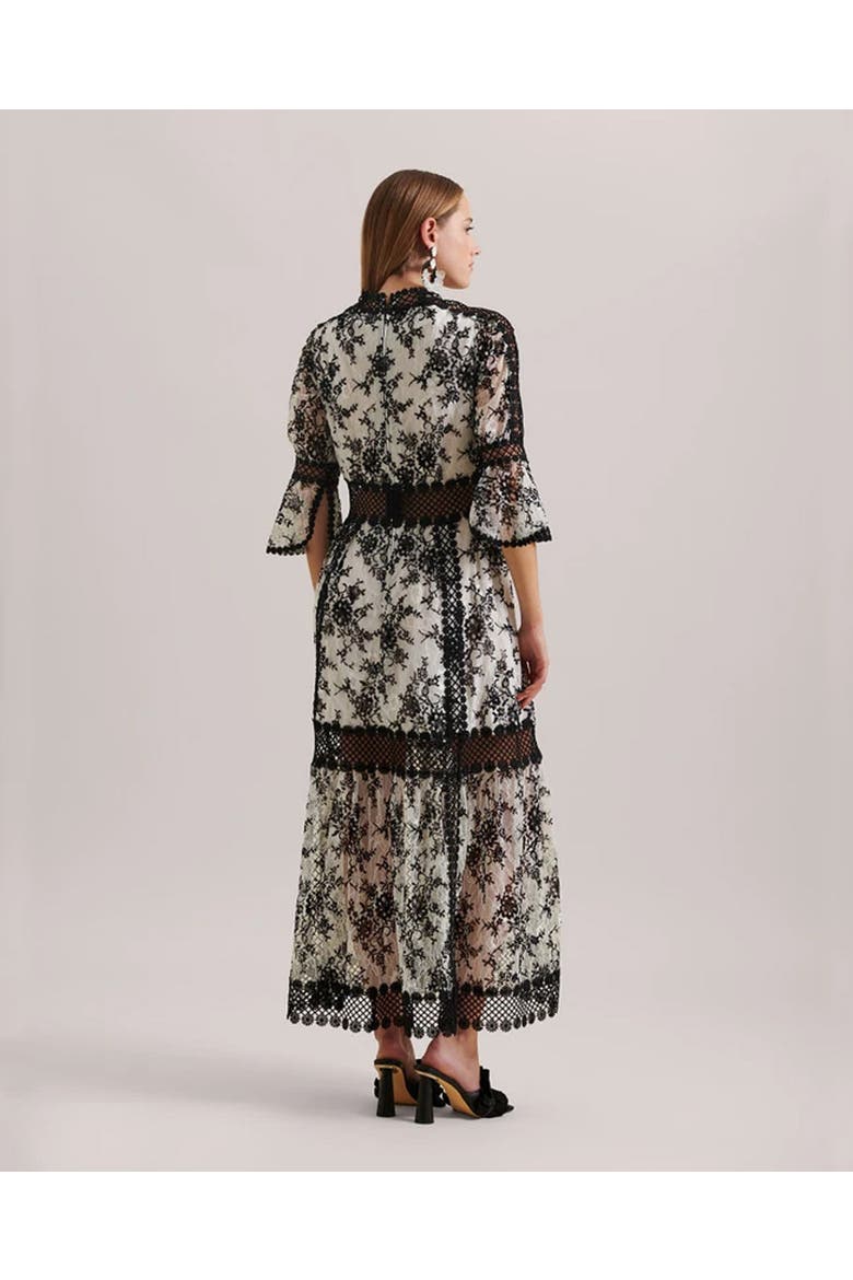 Amodio Long Floral Lace Dress, Alternate, color, Black/White