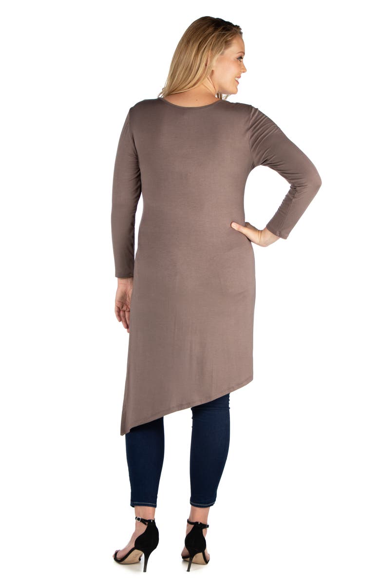 24seven Comfort Apparel Plus Size Long Sleeve Knee Length Asymmetrical Tunic Top, Alternate, color, Taupe
