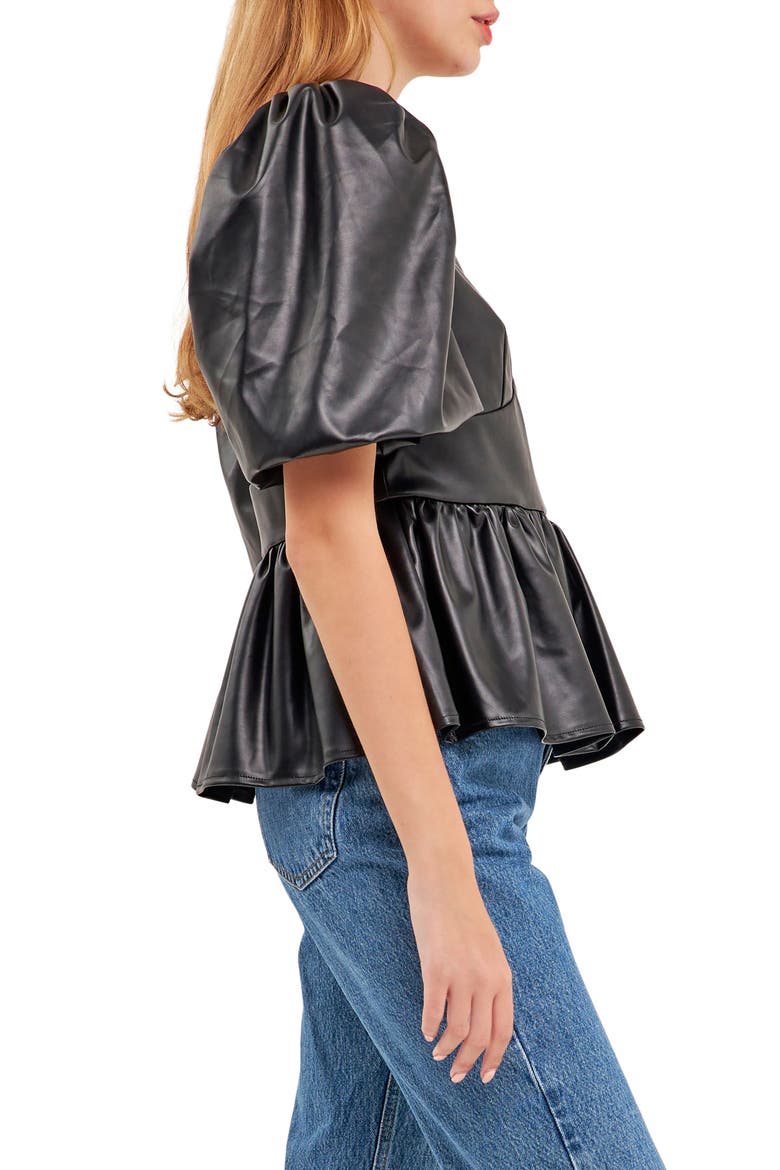 Puff Sleeve Faux Leather Peplum Top, Alternate, color, BLACK