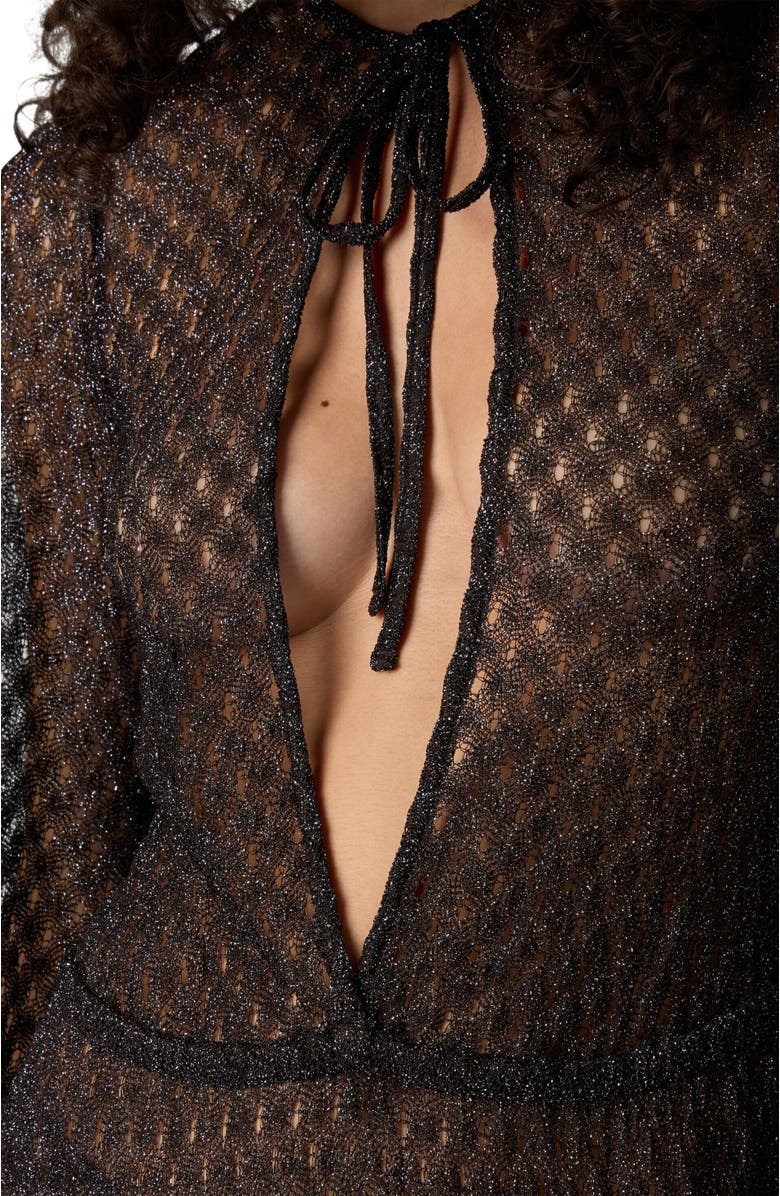 Missoni Long Cover-up Dress In Lamé Viscose With Spiderweb Motif And Flounces, Alternate, color, Brown