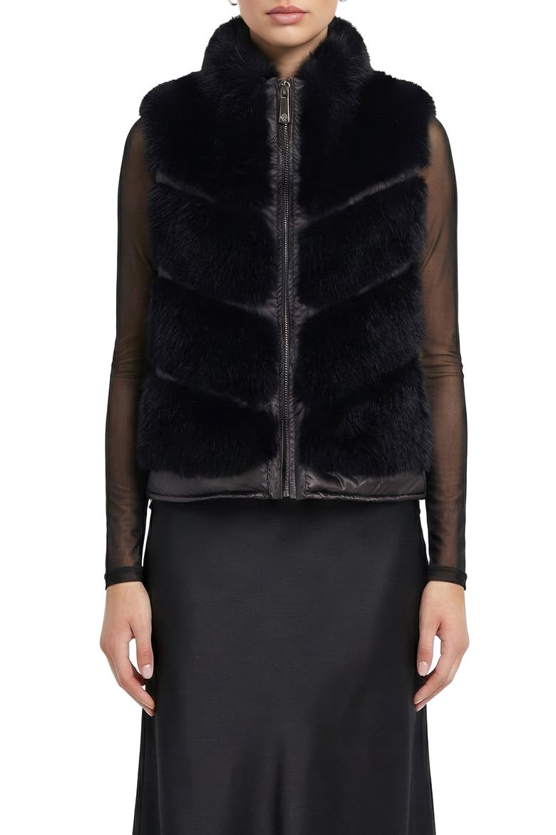 Fur-Free Silver Fox (Faux Fur) Chevron Short Vest, Main, color, BLACK