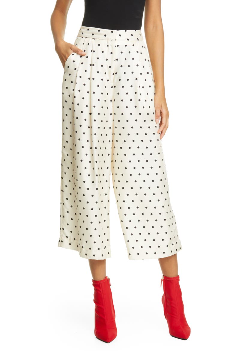 Pleated Polka Dot Silk Culottes, Main, color, POLKA DOT IVORY/BLACK