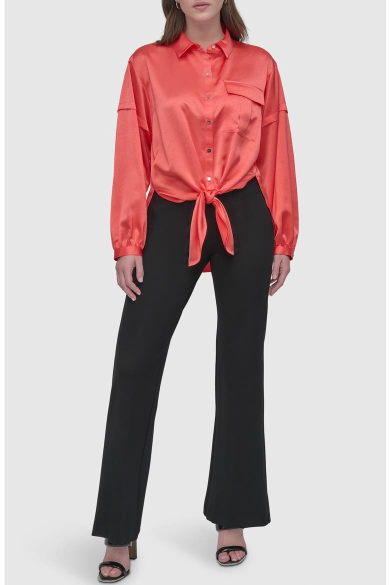 Tie Front Satin Shirt, Alternate, color, CORAL CRUS