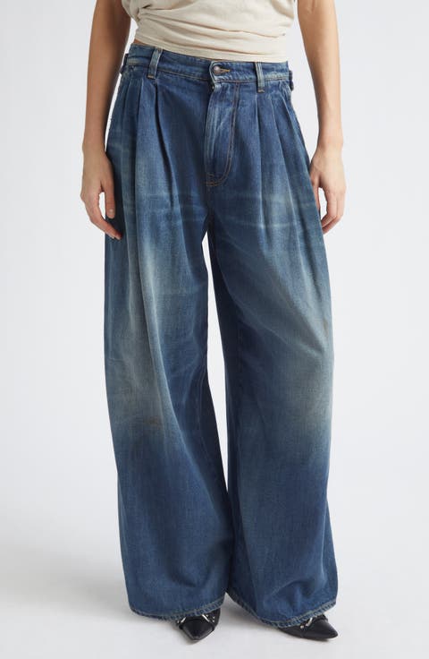 Triple Pleated Wide Leg Jeans