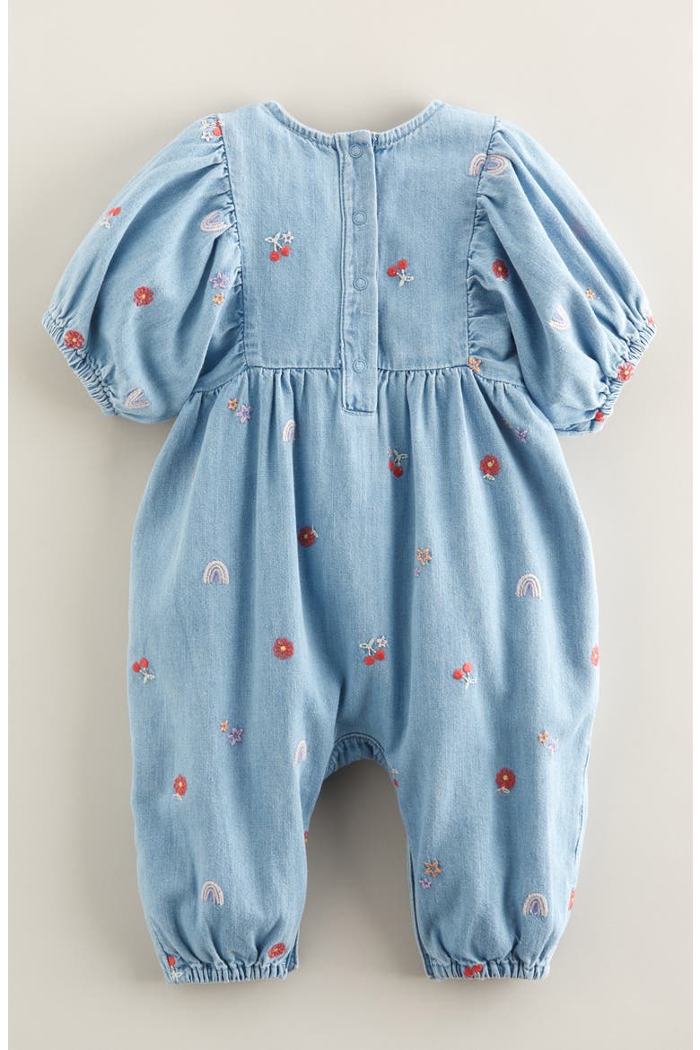 Embroidered Denim Bubble Romper, Alternate, color, AQUAMARINE WASH DITSY ICONS
