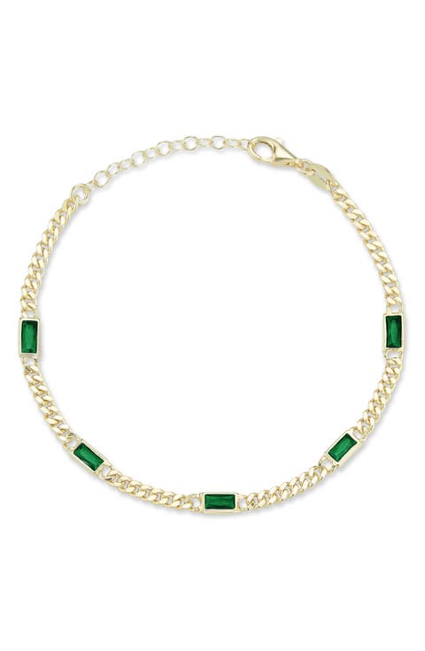 14K Gold Plate Sterling Silver Curb CZ Station Bracelet