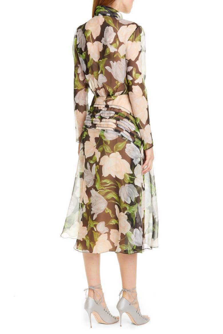 Floral Silk Long Sleeve Midi Dress, Alternate, color, BLACK/ NUDE