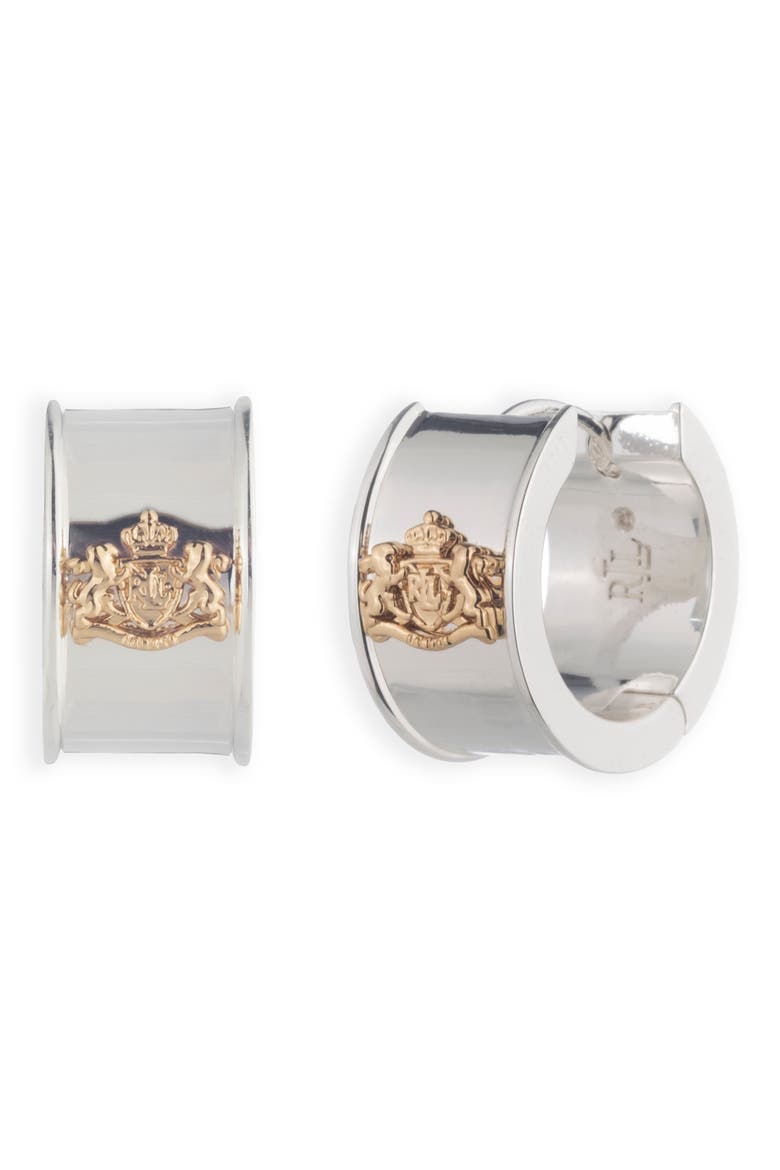 Logo Crest 18mm Huggie Hoop Earrings, Main, color, GOLD/ SILVER