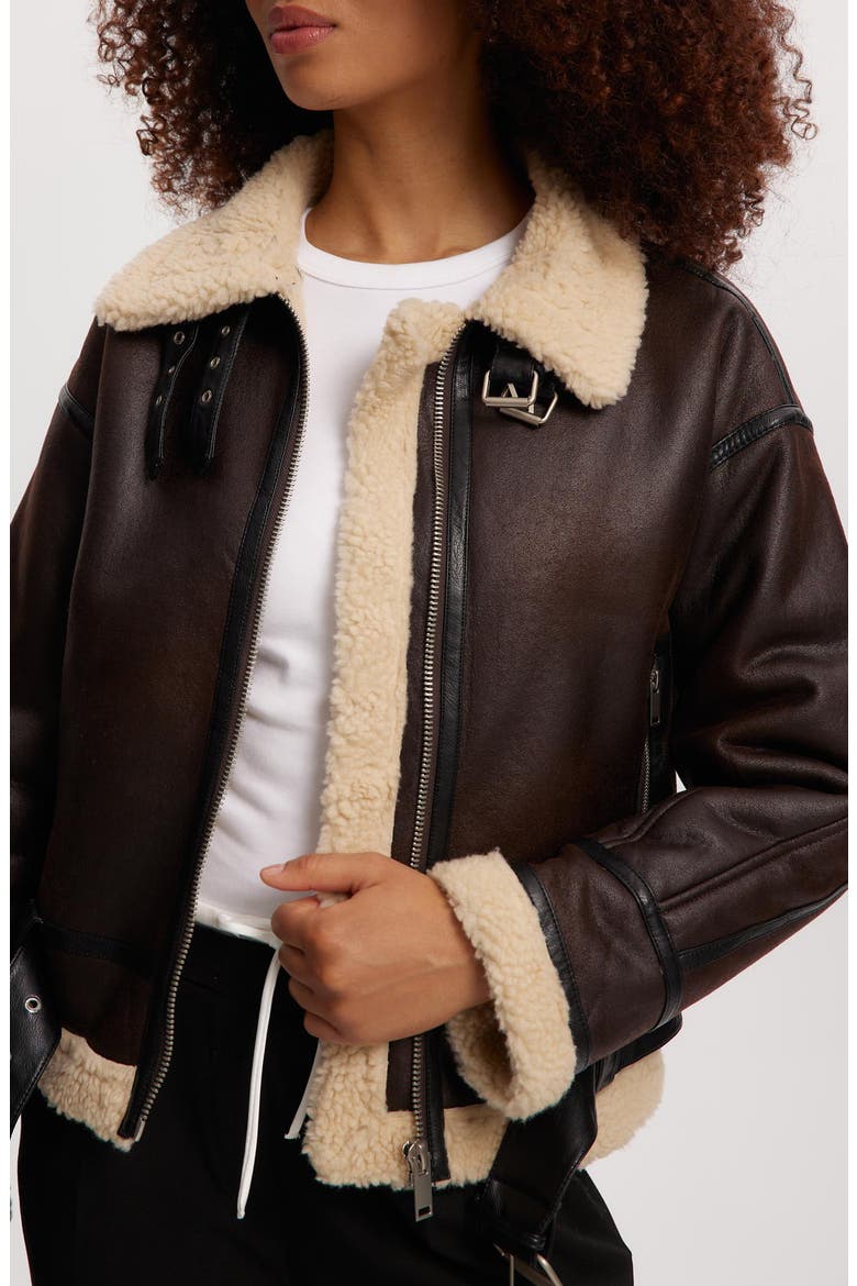 Faux Shearling Trim Faux Leather Jacket, Alternate, color, COGNAC