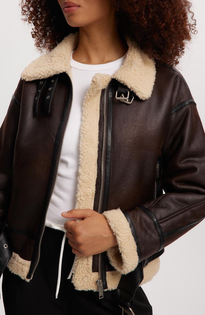 Noize Faux Shearling Trim Faux Leather Jacket, Alternate, color, Cognac