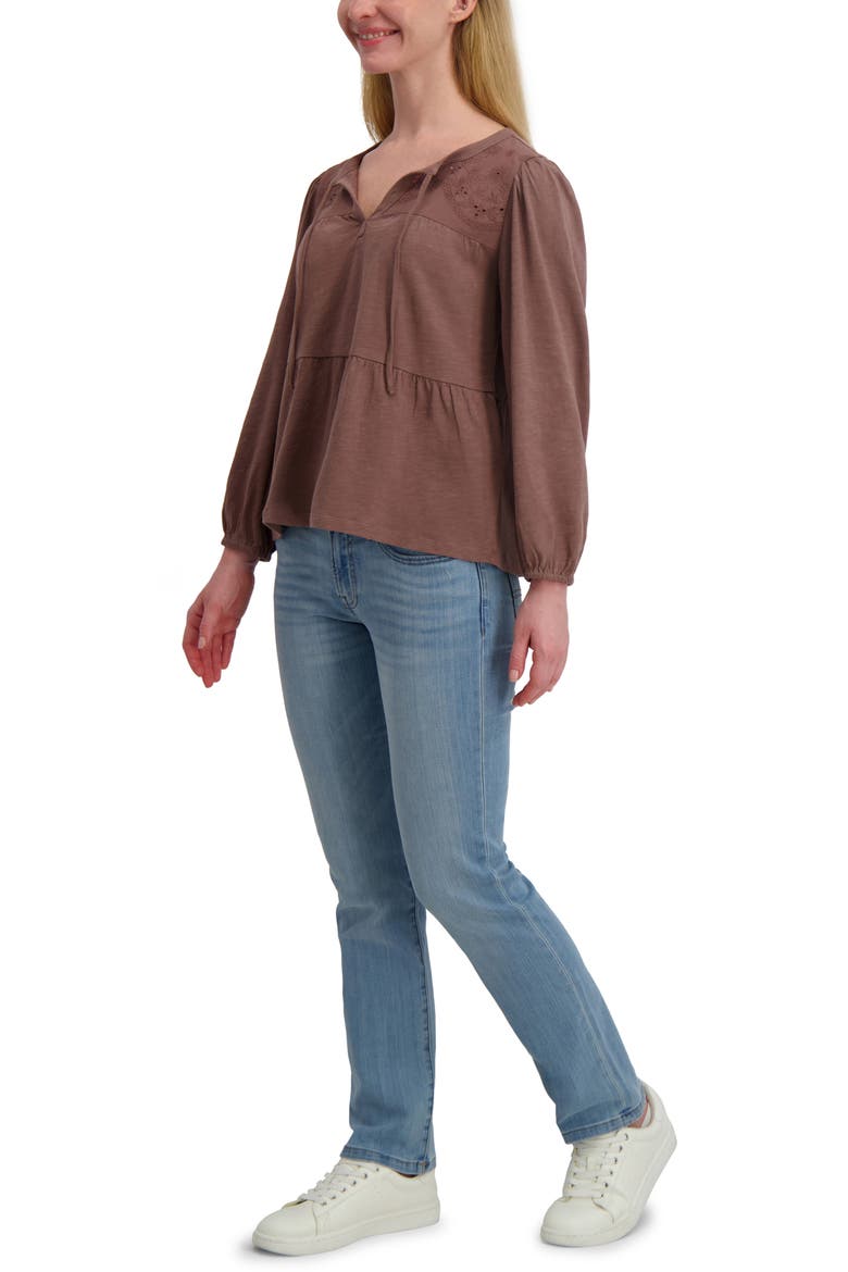 Long Sleeve Cotton Babydoll Top, Alternate, color, DEEP TAUPE