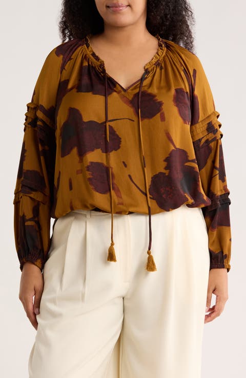 Tie Front Long Sleeve Satin Top (Plus)